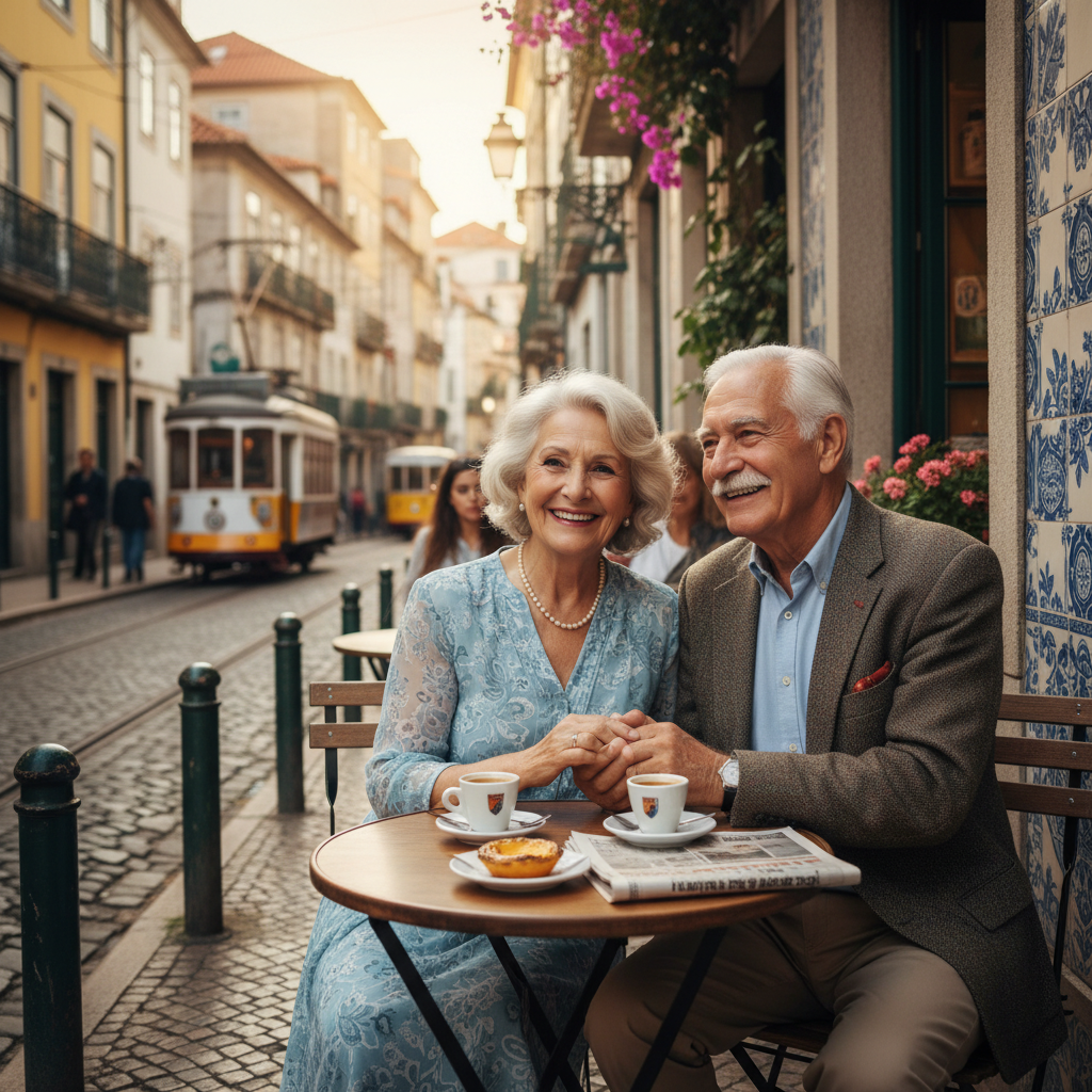 Casal de idosos sorrindo sentados em café em rua charmosa de Portugal