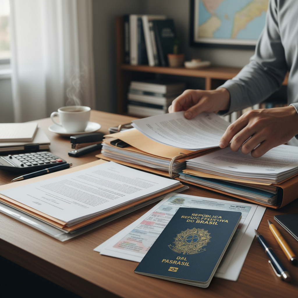 Pessoa organizando documentos em mesa com passaporte brasileiro em destaque