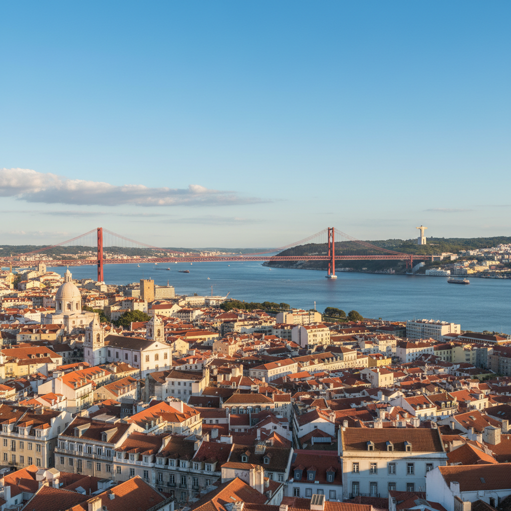Vista panorâmica de Lisboa com Ponte 25 de Abril e Cristo Rei em dia ensolarado