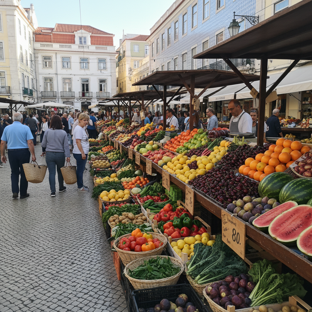 Mercado de rua português com frutas e vegetais frescos em exposição